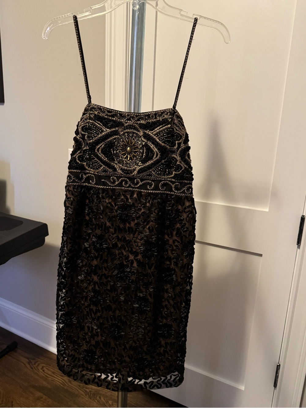 Sue Wong Black Beaded Mini Dress with Gold Accents